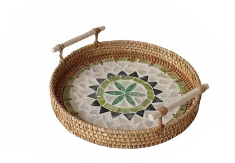 SLHEQING Round Rattan Serving Tray with Handle, Decorative Coffee Table Tray Wicker Tray for Fruit, Drink, Bread, Tea, Candle