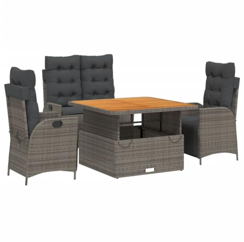 vidaXL 4-TLG. Garten-Essgruppe mit Kissen Grau Poly Rattan