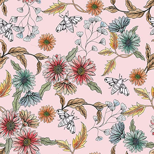 VEELIKE Tapete Gänseblümchen Blumen Rosa Vintage 44.5 cm × 900 cm Tropische Tapete Blumentapete Honigbiene Mustertapete Selbstklebende Tapete Blumen Dekoration Schlafzimmer Badezimmer Möbelfolie