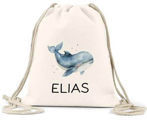 Personalisierter Turnbeutel Affe, Elefant, Hund, Katze, Kuh, Tiger, Löwe, Pferd, Wal, Hase | mit Wunschnamen | Tierkinder | Rucksack für Schule, Kindergarten, KITA und KIGA Wäschebeutel (Wal)