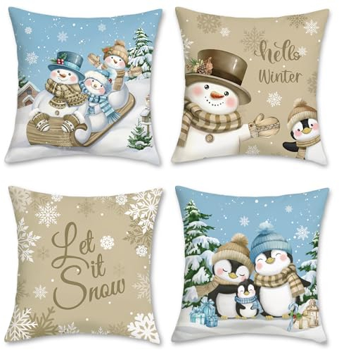Bonhause 4er Set Kissenbezüge Winter 45 x 45 cm Schneemann Pinguin Schneeflocke Khaki Blau Dekorative Kissenhülle Zierkissenbezüge für Sofa Zuhause Weihnachten Dekoration