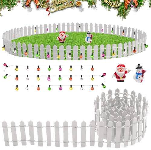 Wichtel Zubehör Weihnachten, 90 x 5cm Miniatur Zaun Gartenzaun Holz, mit Deko Fairy Lights Lichterkette, Weihnachten Miniatur Zaun Holzzaun, Miniatur Wichtel Zubehör für Garten Puppenhaus Zubehör
