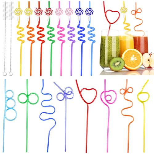 REJOECE 16 Pcs Colorful Curly Straws, Reusable Drinking Straws, Creative Party Straws, Kids Straws, Spiral Straws, Reusable Plastic Straws Kids Birthday Party Decorations Supplies with Cleaning Brush