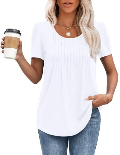 MOLERANI T Shirts for Women UK Round Neck Loose Casual Puff Short Sleeve Summer Tee Tops Front Pleated T Shirt White M
