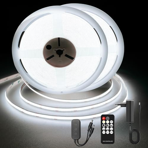 TTWAY Tira LED COB 15m 6000K, Tiras LED Blanca Fria con Mando Distancia y Fuente Alimentación, 8mm Ancho, CRI>90, Tira LED para Decoración Bar, Fiesta, TV, Dormitorio(2 x 7,5 metros)