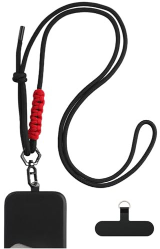 AHABIPERS Handykette Universal, Handy Kette mit Universelles Patch, Einstellbar Handyband zum Umhängen aus Nylon für iPhone, Samsung und Alle Smartphones - Schwarz & Rot