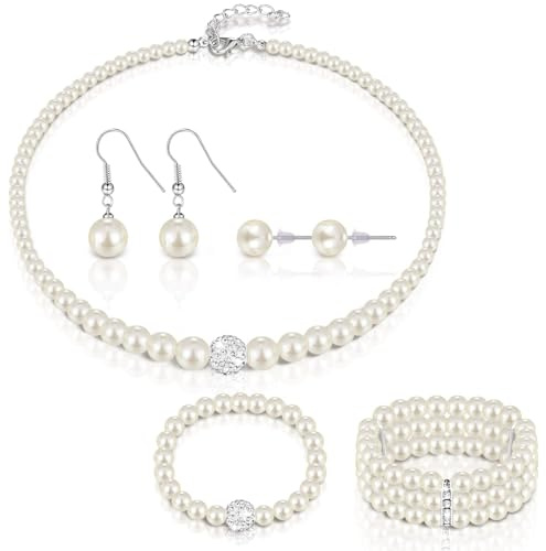 CHarmeFleur Perlen Kristall Schmuck Set für Frauen Perlenkette Armband Ohrringe für Hochzeit Geburtstag Brautjungfernparty Teeparty Perlenhalsbänder für Frauen