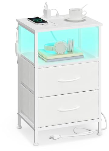 SONGMICS Nightstand with Charging Station, 2 Fabric Drawers