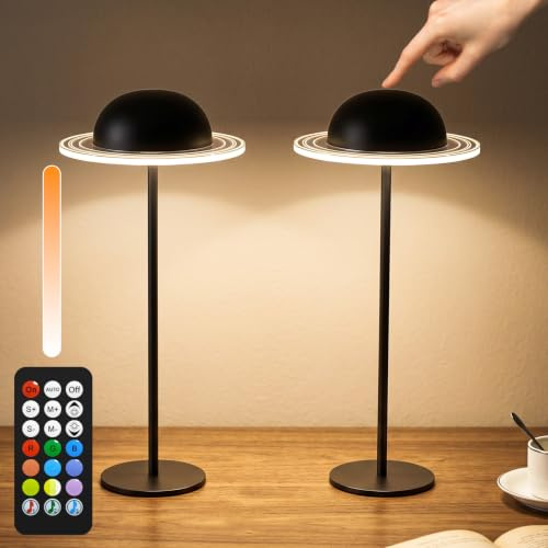 KIBTOY 2 Pack Rechargeable Table Lamp Battery Operated, Cordless Desk Light Touch & Remote Control 3 CCT & RGB Colors Dimmable for Restaurant Bedroom Bottle Dining Outdoor Black