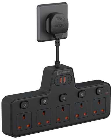 Power Strip Extension Socket 5 Way with Flexible Plug,Short Extension lead | 5 Gang Plug Adapter UK with Individual Switches With 4 Usb, Short Small Extension for Home,Kitchen.(Black)