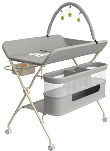 HUOLE Table à Langer avec roulettes, avec Panier de Rangement à Côté Structure en Fer Charge Max 25KG pour Nouveaux-Nés Design Ergonomique, Rangement,pour Nouveau-né,75 * 68 * 83-91cm (B) Gris