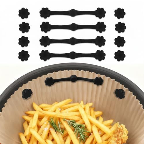 Cozary 12pcs Airfryer Magnete Für Backpapier, Inklusive 4 blumenförmigeLangen Streifen Backpapier Magnete 8 Magnetschnallen, Verhindert Papierverbrennung Hitzebeständig Wiederverwendbar, Schwarz