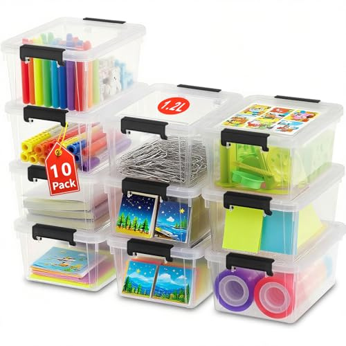 Caossuixin 10 Pack Plastic Storage Boxes with Lid 1.25L(18 * 13 * 8cm), Stackable Small Clear Storage Box, for Lego, Snacks, Stationery and Desk Supplies, Food-Safe Materia, BPA-Free(10 pack)