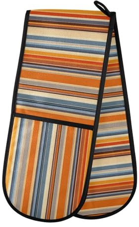 Oven Gloves Double Oven Gloves Orange Striped Oven Mitts Pot Holder Heat Resistant Quilted for BBQ Baking Kitchen Cooking Gloves