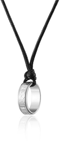 PiercingJak Viking Necklace Black Silver Norse Viking Circle Ring Necklace Adjustable Braided Leather Rope Chains Stainless Steel Talisman Pendant Nordic Amulet Jewellery for Men Women