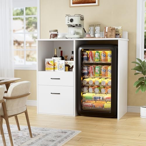 MSFE 2 en 1 Meuble de Rangement/Meuble pour Mini Frigo, Buffet avec Multiprises Micro-Ondes Armoir, Armoire de Cuisine Placard avec Plan de Travail, pour Salon, Cuisine, Salle à Manger,100*53*108.5cm