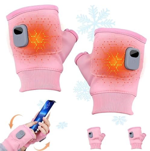Rechargeable Heated Fingerless Gloves,Portable Fingerless Heated Glove for Women Men,3-Speed Adjustable Electric Heated Gloves, for Driving,Working,Indoor,Outdoor,Touchscreen (Pink)