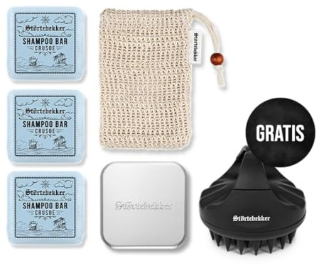 Störtebekker® Premium Duschset - Festes Shampoo Crusoe (x3), Sisalsäckchen, Seifendose Aluminium + GRATIS Scalp Brush - Shampoo Set für Haare & Kopfhaut - Handgefertigt