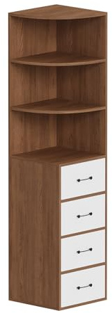 Redd Royal Tall Slim Wood Cabinet with 4 Drawers 3 Shelvesfor Corner Bathroom Living Room Bedroom Kitchen, Utility Unit Storage Cupboard Bookcase Sideboard Home Office (White+Walnut, 40Dx40Wx170Hcm)