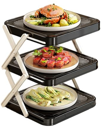 3-Tier Foldable Plate Organiser Rack, Space-Saving Kitchen Storage Rack, Collapsible Food Display Stand, for Kitchen Dining & Meal Prep