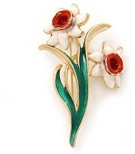 Blanc/vert/orange jonquille Floral Broche en plaqué or – 55 mm L