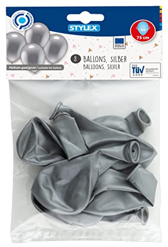 Stylex 14745 - Luftballons Silber, 8er Beutel, 75 cm Umfang, aus Naturlatex, Heliumgeeignet, Rundballons