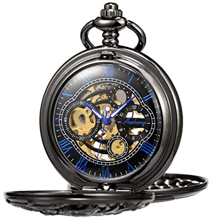 TREEWETO Unisex Taschenuhr mit Kette Analog Handaufzug Doppelscharnier Antik Drache Skelett Schwarz