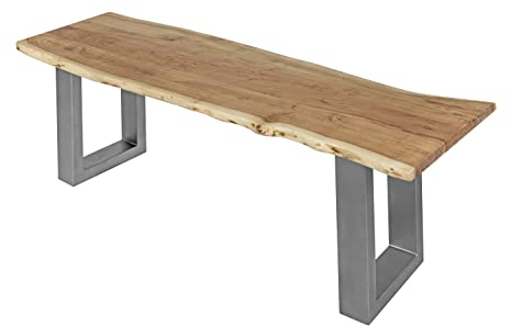SAM Sitzbank 120x42 cm Quintus, Akazien-Holz naturfarben, Silber lackierte Metallbeine, Bank mit echter Baumkante, Massive Holzbank