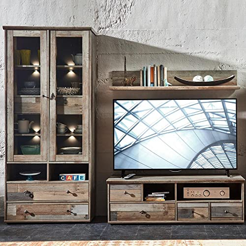 Media Wohnwand Driftwood braun Vintage Vitrine mit LED Wandregal & Lowboard B/H/T ca. 228/188/52 cm