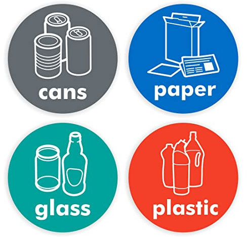 Recycle stickers for bins - Pack of 4 recycling signs - cans, paper, glass, plastic (1 of each) - 100mm diameter - Self adhesive vinyl stickers
