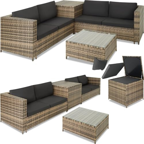 TecTake® Ensemble Salon de Jardin Exterieur en Poly Rotin 4 Personnes, 2 Canapés modulables, Coffre de Rangement et Table de Jardin en Verre Inclus, Mobilier de Jardin pour Amenagement Balcon