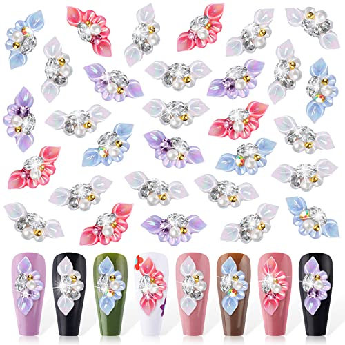 Kalolary 30PCS 3D Nail Art Charms, Pearl Petals Nail Jewelry with Diamond Acrylic Flower Nail Gems Nail Rhinestones with Nail Pearls Crystal, Nail Art Stud Accessories Women Nail Supplies(A)