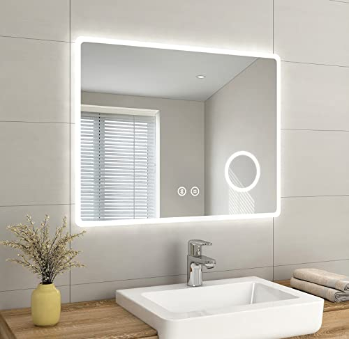 EMKE Led Bathroom Vanity Mirror - Thin Bathroom Wall Mounted Makeup Mirror with Shaver Socket, Bluetooth Speaker, LED Lights, 3-Fold Magnification, Touch Switch, Demister Pad 900 x 700 x 35 mm