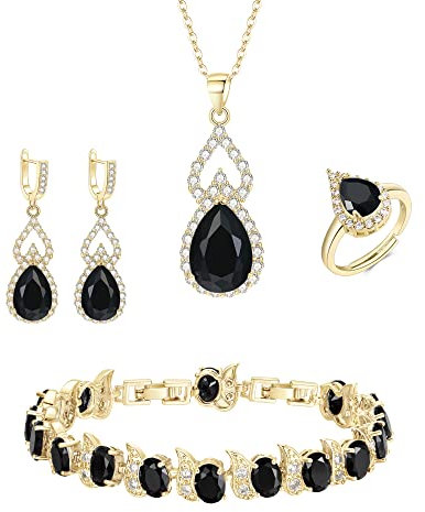 Clearine Jewellery Set for Women Gold Plated Black Teardrop Cubic Zirconia Necklace Open Adjustable Ring Earrings Bracelet Gifts for Wedding/Anniversary/Mothers Day/Birthday/Christmas