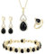 Clearine Jewellery Set for Women Gold Plated Black Teardrop Cubic Zirconia Necklace Open Adjustable Ring Earrings Bracelet Gifts for Wedding/Anniversary/Mothers Day/Birthday/Christmas