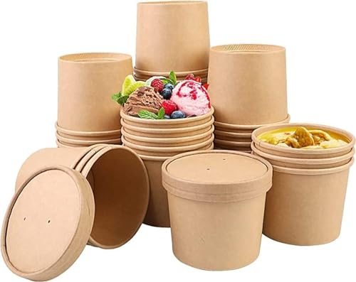 HOT BARGAINS Kraft Paper Soup Containers 8oz/230ml, Pack of 50, Brown Food Bowls with Lids