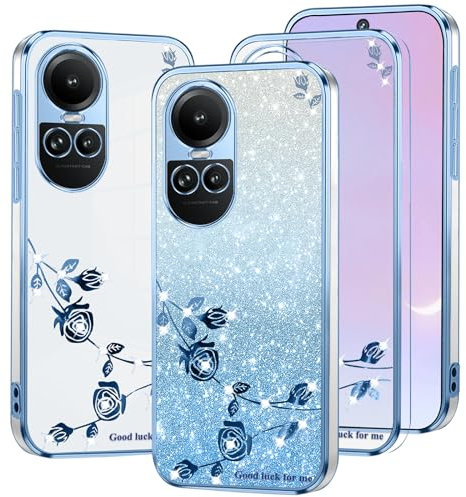 Kainevy Cover per Oppo Reno 10 Pro 5G Trasparente Glitter Antiurto con Brillantini per Donna e Bambina Cute Custodia per Oppo Reno 10 Pro Cover Silicone Morbido Slim Fiori Aesthetic Case (Blu)