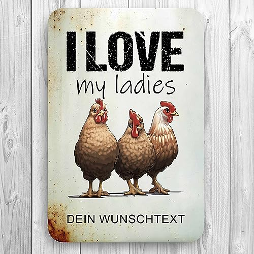 homeyourself - Holzschild Deko Schild personalisiert mit Druck/Wunschtext - I love my ladies Hühner - individualisiert 20 x 30 cm