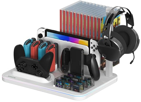 Hosanwell Switch Controller Stazione di Ricarica RGB Light Station compatibile con Switch & OLED Joycons, Pro Controller, 12 Slot per Gioco con Custodia Antipolvere, Bianco