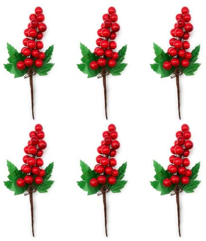 Acan Tradineur Lot de 6 bouquets de houx avec baies rouges en mousse de polystyrène Décoration festive Ornements Noël Arbre vases 20 cm