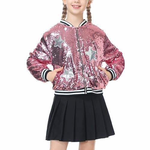LOLANTA Girls Sequin Bomber Jacket with Pockets Zipper Long Sleeve Sparkle Baseball Jackets, Pink, 5-6 Years, 120