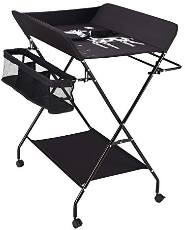 Baby Wickelkombi Klappbare Wickelkommode mit Rollen, Wickelauflage, Sicherheitsgurt und Ablagefächern, Mobiler Wickeltisch mit Höhenskala für Babys unter 15 kg oder 0-1 Jahre, 63x80cm (Schwarz)