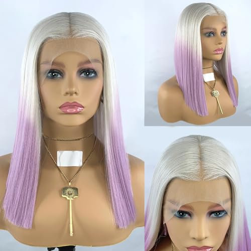 VEBONNY Peluca corta tipo bob de cabello sintético con encaje frontal, ombré rubio claro a lila. Una pieza de cabello elegante y colorida para un look chic VEBONNY-820