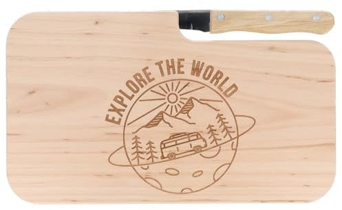 Spruchreif | Brotzeitbrett mit Messer Camping King – Graviertes Holzbrett mit Camper-Motiv | Witziges Geschenk für Männer & Campingliebhaber