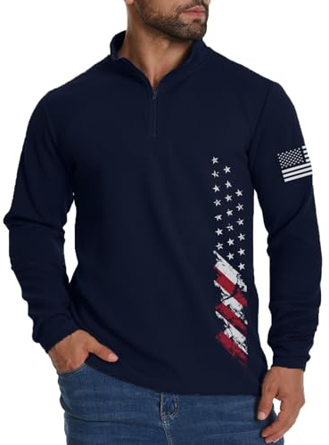 H HYFOL Herren-Sweatshirt, Waffel, amerikanische Flagge, USA, patriotische Grafik, Viertelreißverschluss, Stehkragen, lässiger Pullover