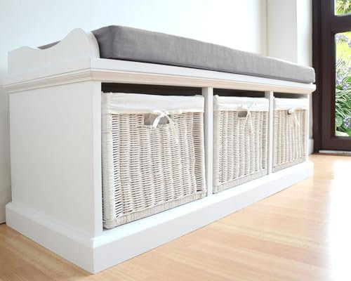 Tetbury Hallway Storage Bench with Cushion Seat and Wicker Baskets | Fully Assembled White Indoor Bench, W112cm D40cm H46cm, Cushion Seat (white - C)