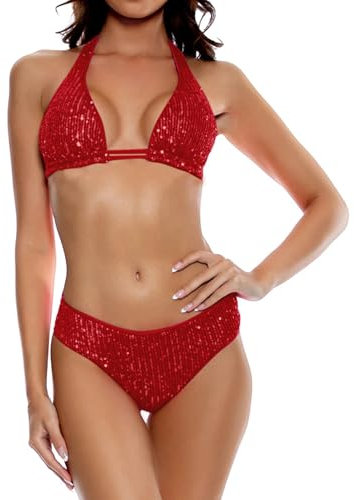 LEOMOSTE Sexy Pailletten-Bikini-Set für Damen, glitzernd, sexy Push-Up-Badeanzug, Strandmode, Rot/Ausflug, einfarbig (Getaway Solids), Large