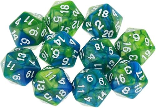 Getuse Set di 10 dadi poliedri D20 a 20 facce per giochi da tavolo Dungeons and Dragons RPG MTG doppi colori verde blu