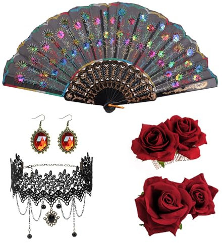 DRESHOW Rose Flower Hair Clip Fabric Hollowed Handheld Folding Fan Set Hair Accessories for Women Flamenco Dancer