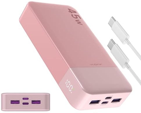 JUOVI Batterie Externe Rapide, Batterie Externe 45w, Power Bank 20000mah, Batterie Externe USB C Charge, PD et QC Charge 4-Ports, avec Affichage LED pour Laptop, Samsung iPhone 16 15 Pro (Rose)